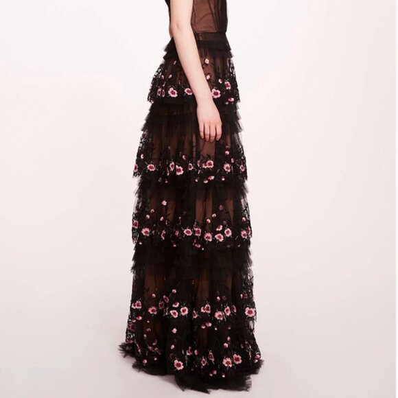 Marchesa Notte Tiered Tulle Terrarium V Neck Gown Black Pink Floral 10 NWT - Picture 10 of 10